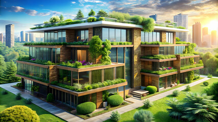 Sustainable architecture in an urban setting, featuring rooftop gardens and green walls.