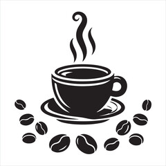 Coffee hot cup with beans icon silhouette, vector illustration isolated on a white background