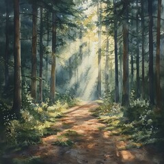 Obraz premium Sunbeams Through Forest Trees Watercolor Painting