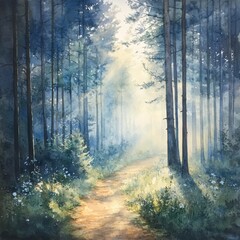Obraz premium Watercolor Painting of a Path Through the Forest