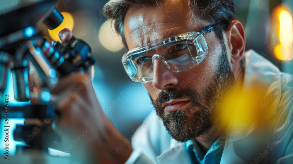 Poster scientist examining sample through microscope in lab