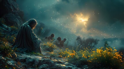 Jesus kneeling in prayer, illuminated by a single, narrow beam of moonlight, his hands tightly clasped, with the disciples resting peacefully in the background, the surrounding garden dark and still,