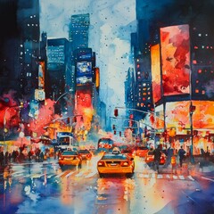 Obraz premium Watercolor Painting of City Street at Night with Cars and Buildings