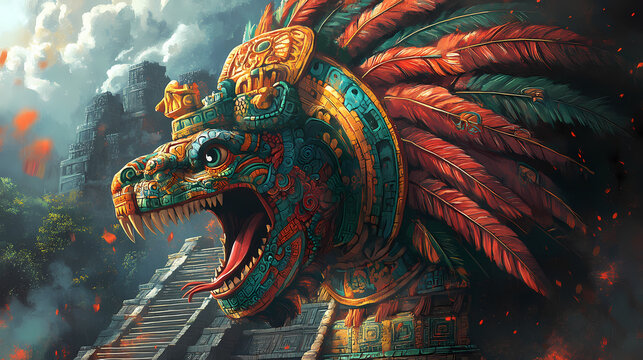 Mayan god kukulkan ( the feathered serpent god, similar to the aztec god quetzalcoatl. kukulkan was associated with wind and rain). Aztec Civilization. Illustration