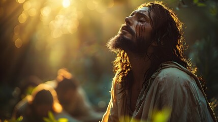 Fototapeta premium Jesus kneeling with tears in his eyes, looking up towards the heavens in deep prayer, the disciples curled up in sleep nearby, the garden filled with soft moonlight and gentle shadows,