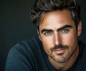 Obraz premium Close-up portrait of a man with striking blue eyes in soft lighting