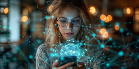 Woman using a smartphone with a network surrounding her, symbolizing global connectivity and technology