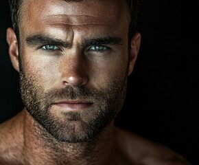 Obraz premium Close-up portrait of a man with piercing blue eyes and rugged beard