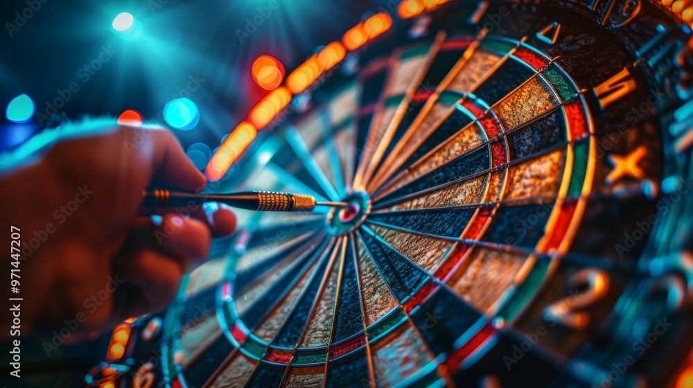 Poster close up of a dartboard with a dart hitting the bullseye