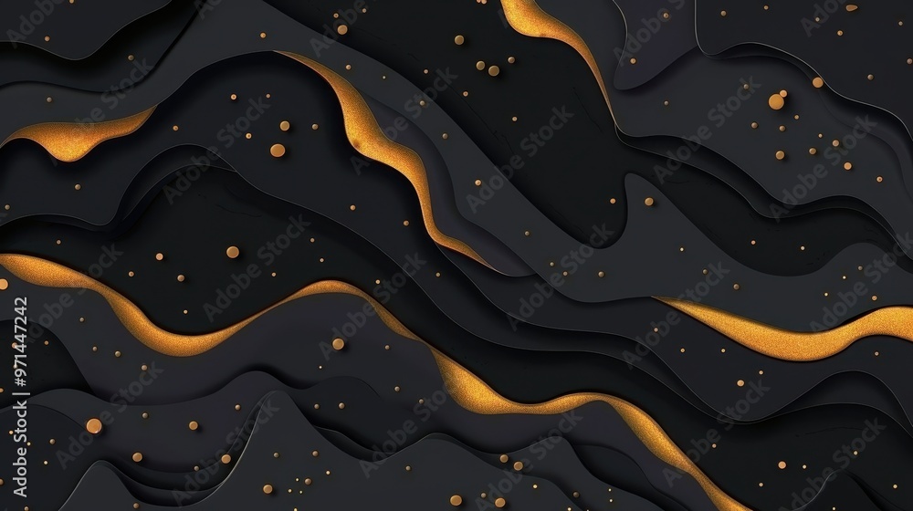 Poster an abstract image with flowing black shapes and gold accents, creating a luxurious and modern design