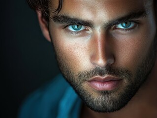 Fototapeta premium Close-up of a young man with striking blue eyes and sharp features