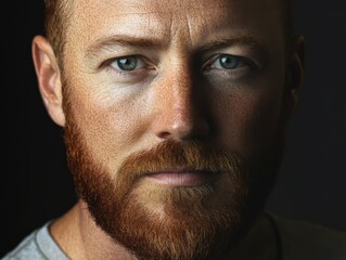 Obraz premium Bearded man with an intense gaze on a dark background