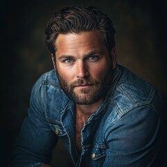 Obraz premium Handsome man in denim jacket poses confidently with a serious expression