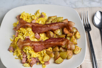 scramble eggs  with diced spam  and bacon