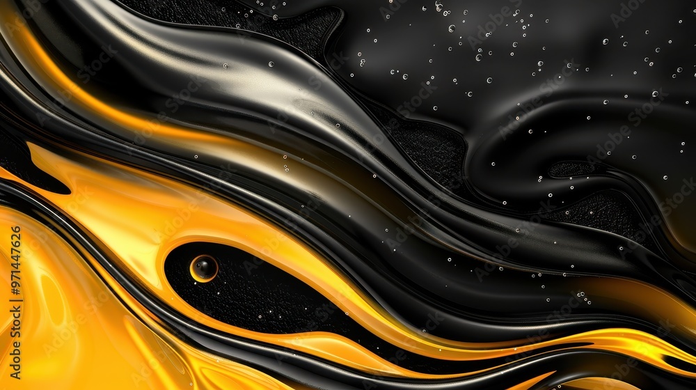 Poster a swirling abstract image with black and gold hues, featuring intricate patterns and textures
