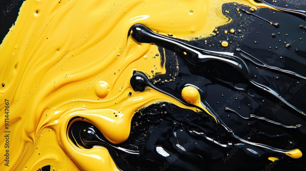 Poster a close-up image of swirling black and yellow paint, creating an abstract and dynamic composition