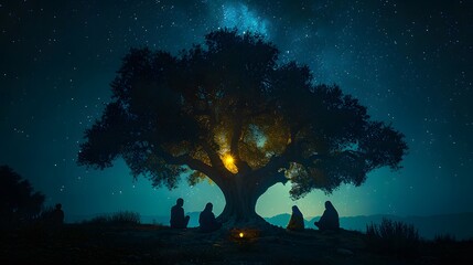 Fototapeta premium Jesus praying alone, his silhouette outlined against the dark night sky, with the disciples resting peacefully against the base of an olive tree, the garden bathed in soft shadows,