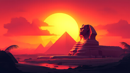 Obraz premium Mysterious ancient egyptian sphinx and pyramids at sunset historical landmark landscape. sphinx. illustration. Egyptian Pyramids. Illustration