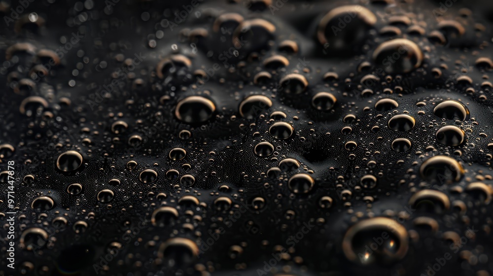 Poster a close-up image of water droplets on a dark surface, creating a mesmerizing pattern of light and sh