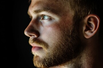 Fototapeta premium Close-up of a young man with a beard gazing thoughtfully in low light