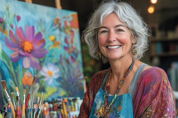 A vibrant senior woman with gray hair smiles warmly as she stands beside her artistic creation, holding a paintbrush. 