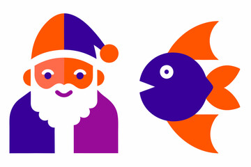 Obraz premium Santa Claus and Fish cartoon logo icon vector illustration.
