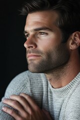 Obraz premium Contemplative man in a sweater reflecting by a dark window