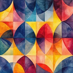 Fototapeta premium Abstract Watercolor Geometric Pattern with Circles and Squares in Vibrant Colors