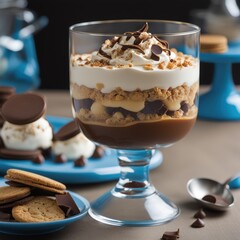 Layered chocolate cake in a glass bowl with vanilla ice cream whipped cream crushed nuts and chocolate cookies.