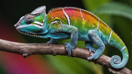 Obraz premium A vibrant chameleon perched on a branch, showcasing its colorful scales.