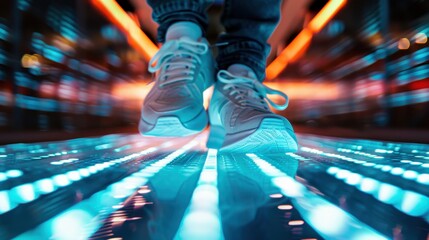 Person's feet wearing white sneakers, stepping onto a surface with a digital LED display