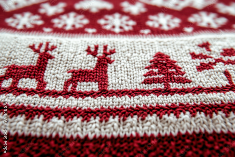 Poster Knitted wool fabric with christmas reindeer and tree pattern, creating a warm and festive atmosphere