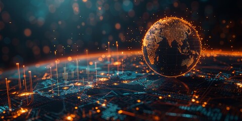 Digital globe with glowing connections global data networks and technology on a futuristic map background