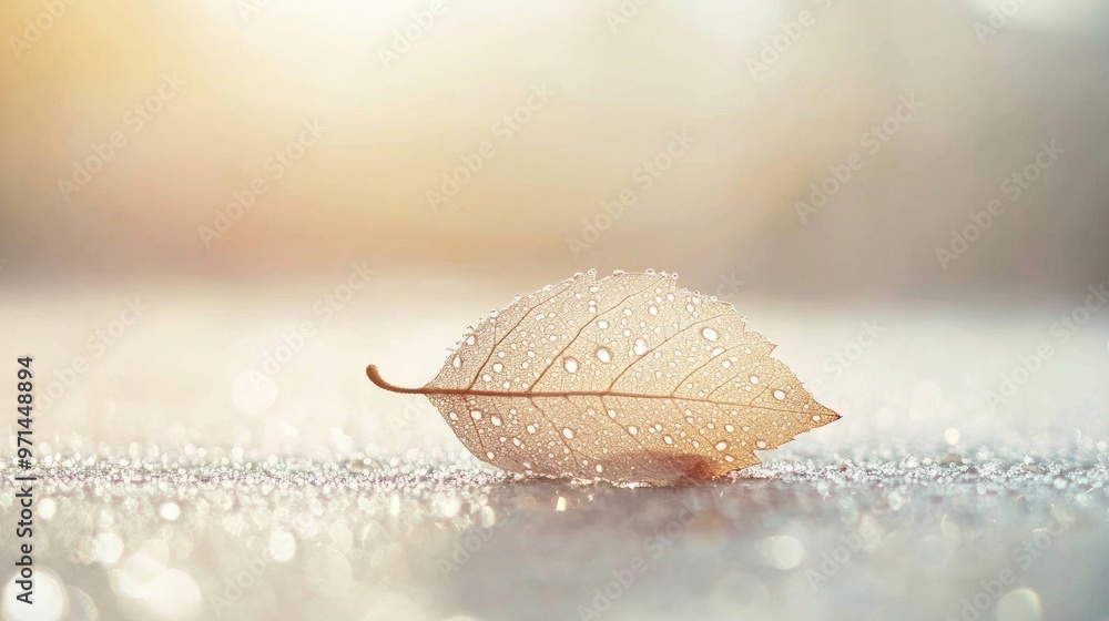 Poster a serene image of a dewy leaf on a misty morning, with the droplets reflecting soft, diffused light 