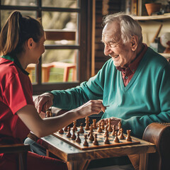 A female nurse and an old man are playing chess.