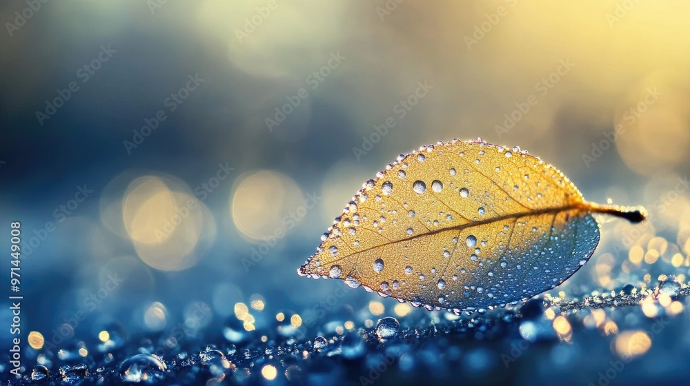 Poster a serene image of a dewy leaf on a misty morning, with the droplets reflecting soft, diffused light 