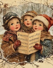 Children singing Christmas carols in snowy outdoor setting, vintage winter scene.
