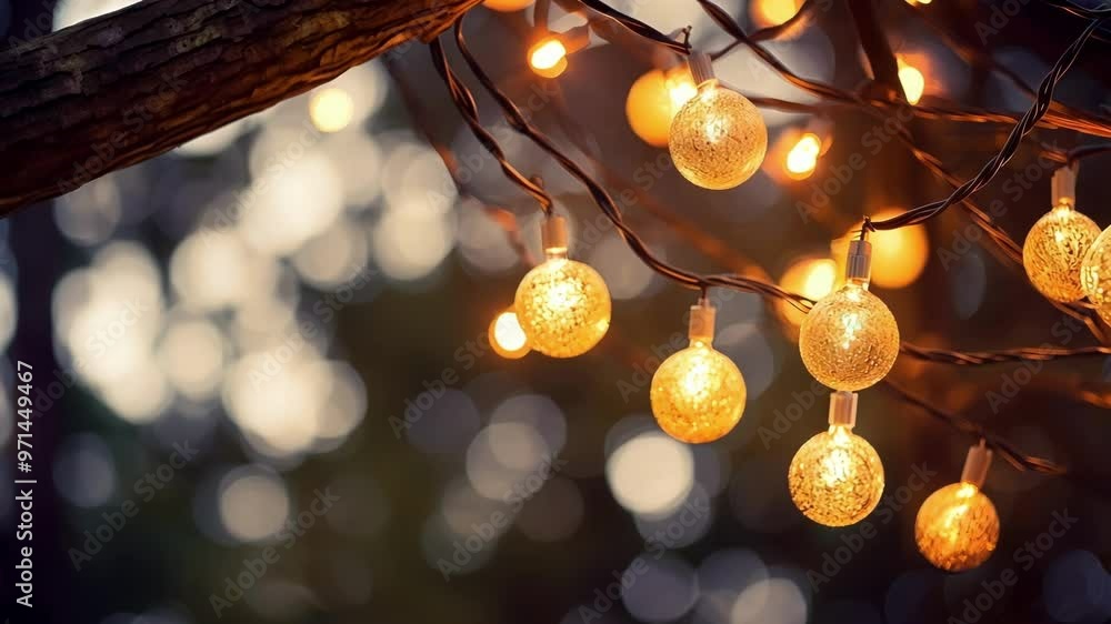 Poster magical scene with round light bulbs hanging from a tree branch. casting a warm glow. blurred lights