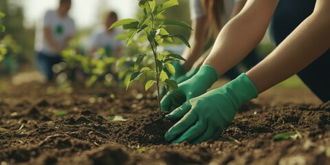 Volunteers plant trees in park during spring clean-up