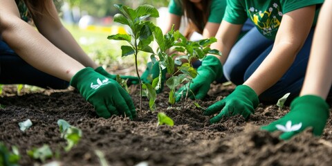 Fototapeta premium Community members planting seedlings in a garden during springtime efforts