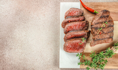grilled marbled beef steak. Delicious balanced food concept. copy space for text. top view