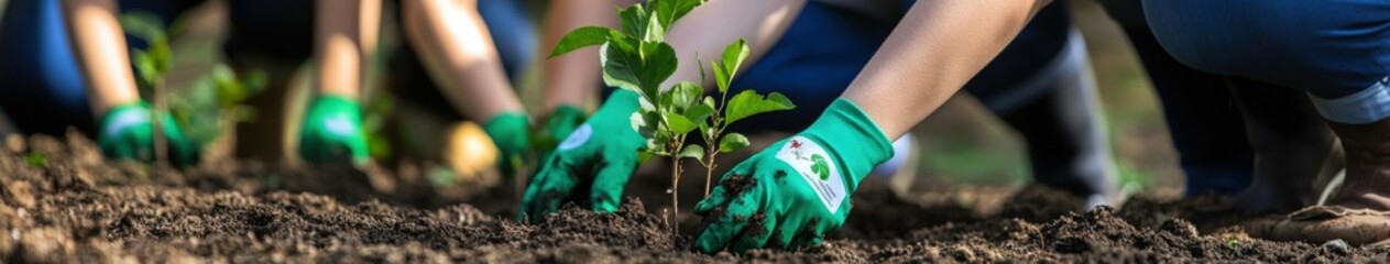 Community volunteers planting young trees in a sunny park during spring - Powered by Adobe