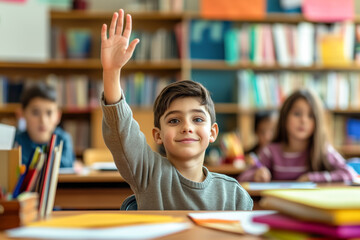 Confident boy raising his hand in class while sitting at his desk in a focused classroom environment.