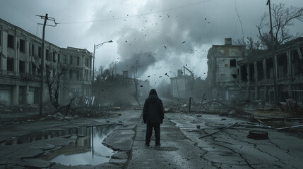 A person standing in the middle of a deserted street, surrounded by cracked earth and falling ash, as the remnants of civilization crumble in the distance.