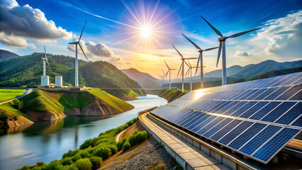 Vibrant image showcasing solar panels, wind turbines, and a beautiful natural landscape.