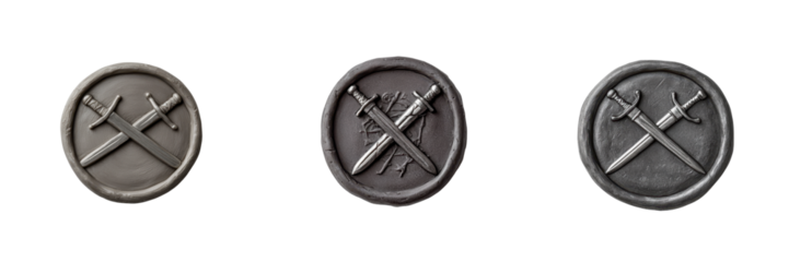 Set of three unique medieval shield emblems featuring crossed swords, perfect for designs related to warfare, history, or adventure. transparent background