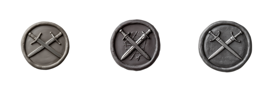 Set of three unique medieval shield emblems featuring crossed swords, perfect for designs related to warfare, history, or adventure. transparent background - Powered by Adobe