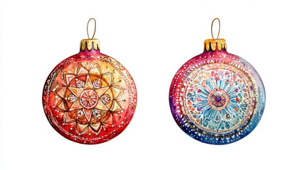 Beautifully designed Christmas baubles featuring intricate mandala patterns in vibrant colors. These decorative ornaments add festive touch to any holiday setting