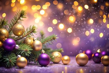 Fototapeta premium Purple and gold Christmas ornaments with glowing bokeh lights, festive holiday decor