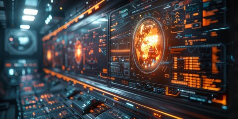 High-tech control room with illuminated digital panels displaying data, global maps, and futuristic technology interfaces